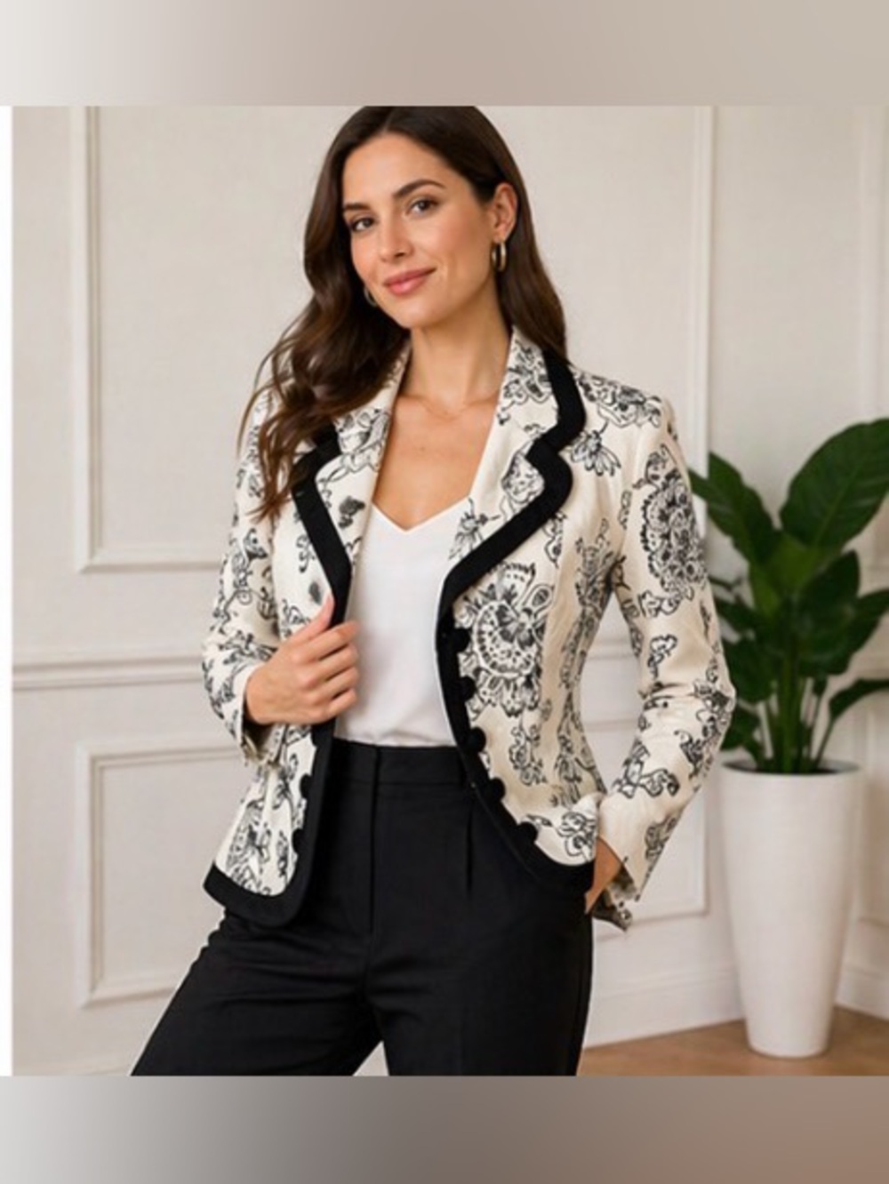 [Zelda] Vintage Black & White Floral Lined Blazer Sz 6 Tailored Statement Jacket - Picture 8 of 12